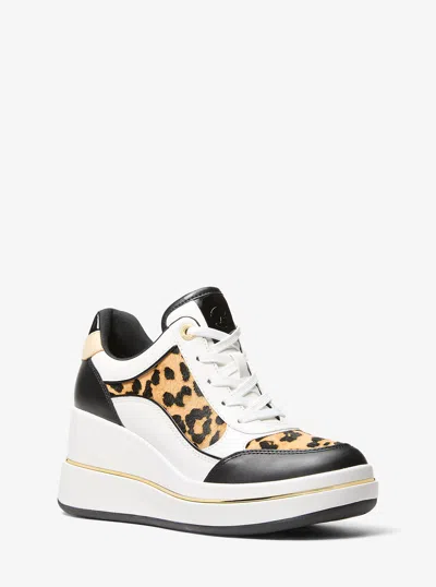 MICHAEL KORS EMMY LEATHER AND LEOPARD PRINT CALF HAIR WEDGE TRAINER