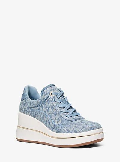 Michael Kors Emmy Signature Logo Print Denim Wedge Trainer In Blue