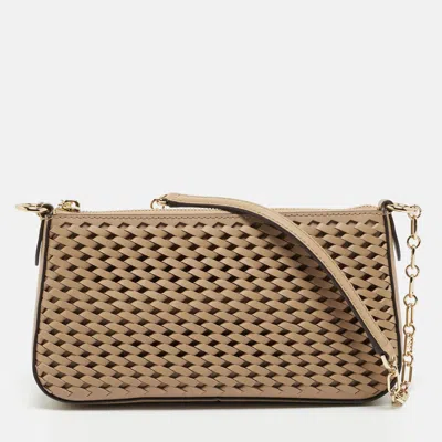 Pre-owned Michael Kors Empire Beige Woven Leather Shoulder Bag In Sand