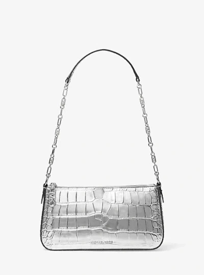 Michael Kors Empire Medium Metallic Crocodile Embossed Leather Chain-link Pochette In Silver