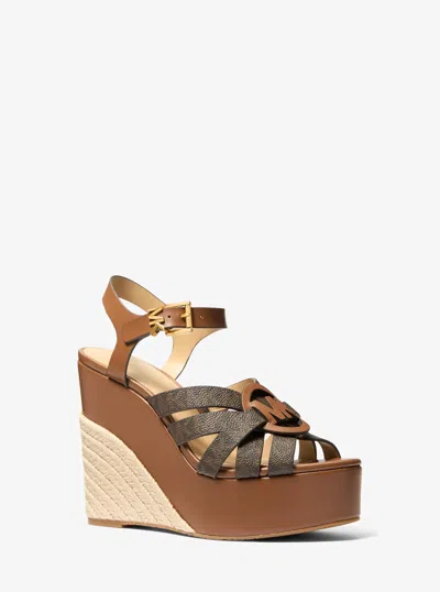 Michael Kors Erika Leather And Signature Logo Wedge Sandal In Brown