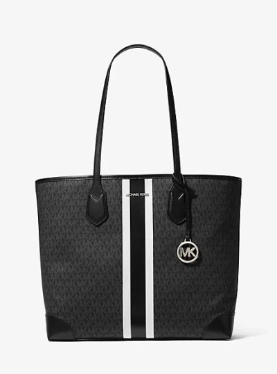 Michael Kors Eva Large Signature Logo Stripe Tote Bag In Black