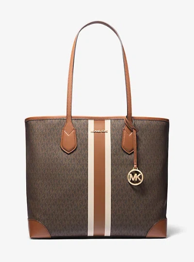 Michael Kors Eva Large Signature Logo Stripe Tote Bag In Brown