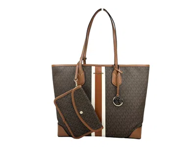 Michael Kors Eva Large Stripe Travel Tote Bag Plus Pouch Women's Brown