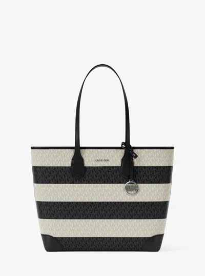 Michael Kors Eva Large Striped Signature Logo Tote Bag In Black