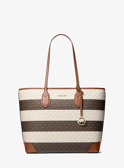 Michael Kors Eva Large Striped Signature Logo Tote Bag In Brown