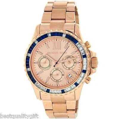 Pre-owned Michael Kors Everest Rose Gold Tone Chrono+blue Crystal Bezel Watch Mk5755 In Silver