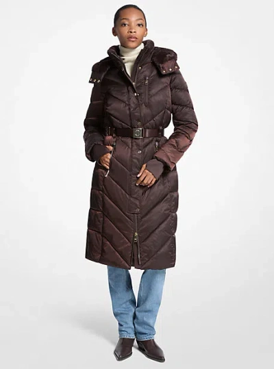 Michael Kors Faux Fur Trim Belted Puffer Coat In Brown