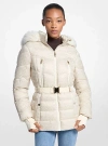 Michael Kors Faux Fur Trim Belted Puffer Jacket In White