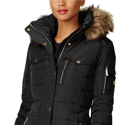 Michael Kors Faux Fur Trim Down Puffer Coat In Black