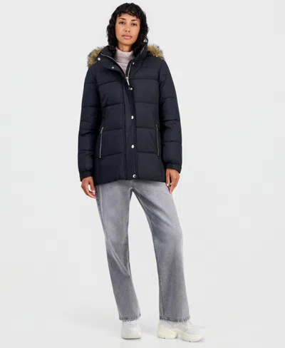Michael Kors Faux Fur Trim Hooded Short Puffer Coat In Blue