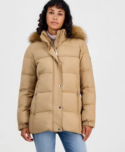 Michael Kors Faux Fur Trim Hooded Short Puffer Coat In Brown