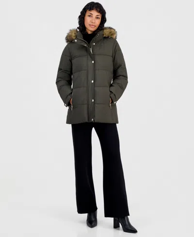 Michael Kors Faux Fur Trim Hooded Short Puffer Coat In Green