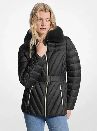 Michael Kors Faux Fur Trim Packable Nylon Puffer Jacket In Black