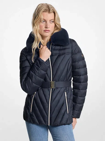 Michael Kors Faux Fur Trim Packable Nylon Puffer Jacket In Blue