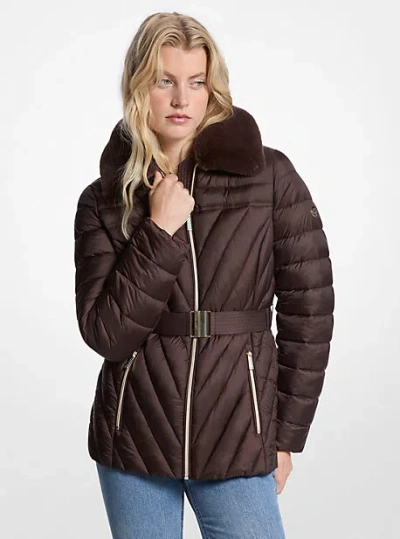 Michael Kors Faux Fur Trim Packable Nylon Puffer Jacket In Brown