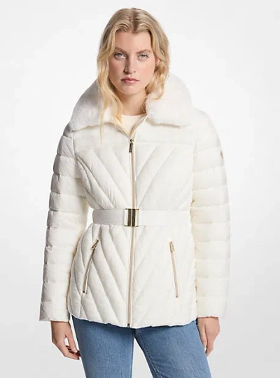 Michael Kors Faux Fur Trim Packable Nylon Puffer Jacket In White