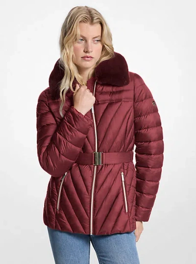 Michael Kors Faux Fur Trim Packable Nylon Puffer Jacket In Red