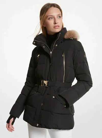 Michael Kors Faux Fur Trim Quilted Belted Puffer Jacket In Black
