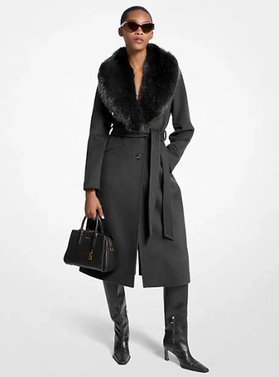 Michael Kors Faux Fur Trim Wool Blend Coat In Black