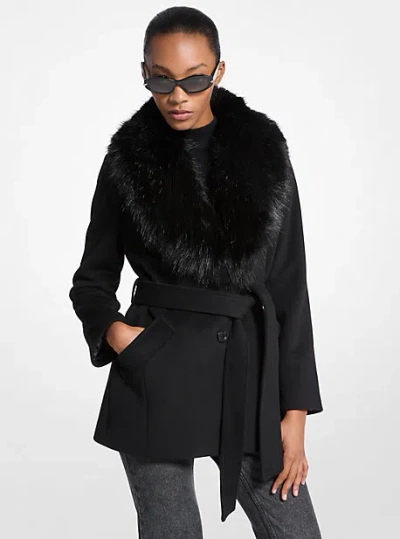 Michael Kors Faux Fur Trim Wool Blend Coat In Black
