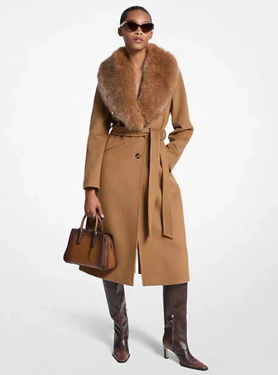 Michael Kors Faux Fur Trim Wool Blend Coat In Brown
