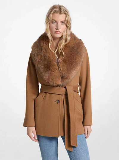 Michael Kors Faux Fur Trim Wool Blend Coat In Brown