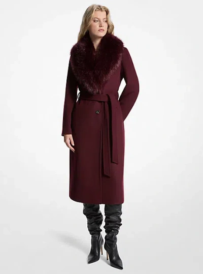 Michael Kors Faux Fur Trim Wool Blend Coat In Burgundy