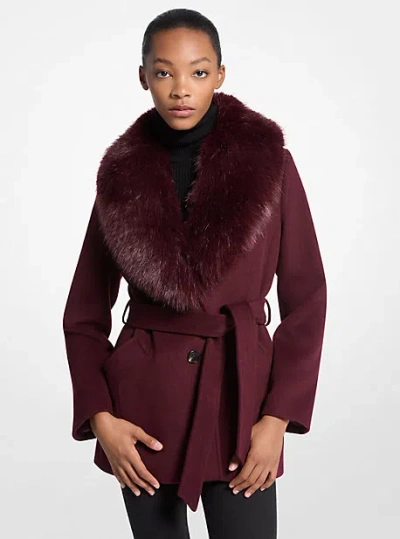 Michael Kors Faux Fur Trim Wool Blend Coat In Burgundy