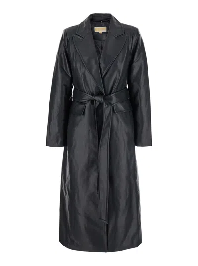 Michael Kors Faux Leather Robe Coat W Fx Fur Collar In Black