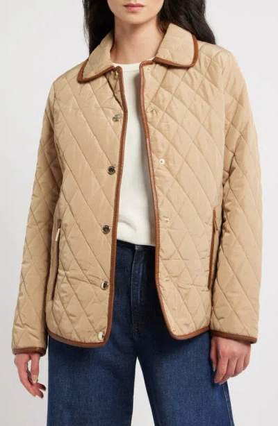 Michael Kors Faux Leather Trim Detail Quilted Jacket In Brown