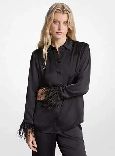 Michael Kors Feather Trim Satin Pajama Shirt In Black