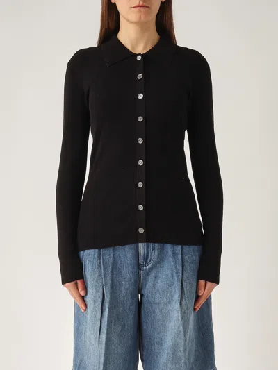 Michael Kors Fitted Ribed Ls Button Up Sweater In Nero