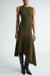 Michael Kors Fitted Sleeveless Asymmetric Wool Knit Midi Dress In Spruce