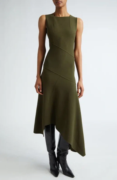 Michael Kors Fitted Sleeveless Asymmetric Wool Knit Midi Dress In Spruce