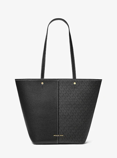 Michael Kors Flora Large Signature Logo And Leather Tote Bag In Black