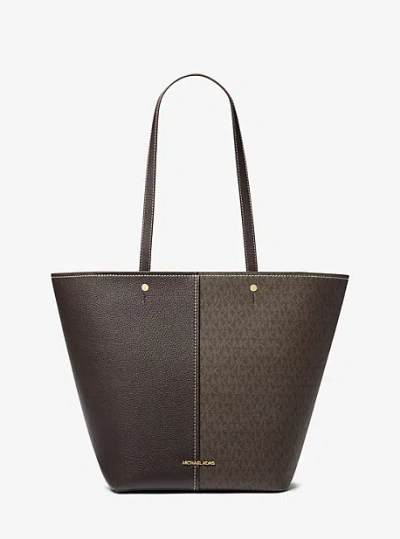 Michael Kors Flora Large Signature Logo And Leather Tote Bag In Brown