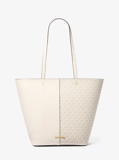 Michael Kors Flora Large Signature Logo And Leather Tote Bag In Natural