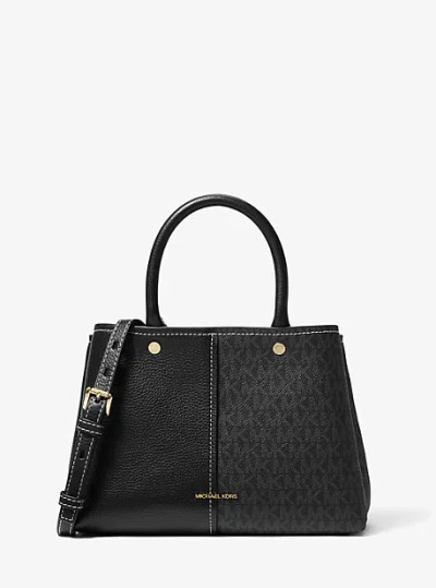 Michael Kors Flora Medium Signature Logo And Leather Satchel In Black