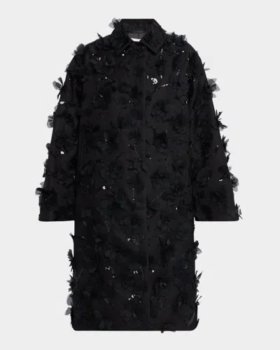 Michael Kors Floral Beaded Wool Balmacaan Coat In Black