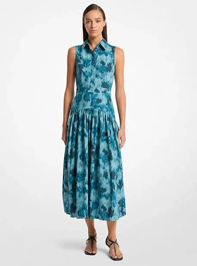 Michael Kors Floral Chiné Cotton Poplin Drop Waist Shirtdress In Blue