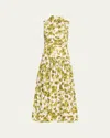 Michael Kors Floral Chine Poplin Drop-waist Midi Shirtdress In Moss/optic White