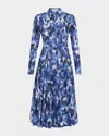 Michael Kors Collection Watercolor Floral Long Sleeve Cotton Poplin Midi Shirtdress In Rivieraop