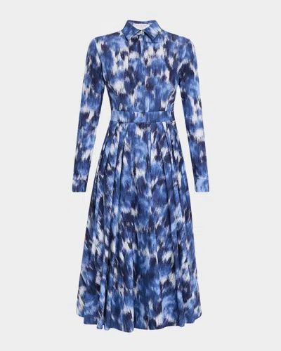 Michael Kors Floral Chine Poplin Pleated Midi Shirtdress In Riviera/optic White