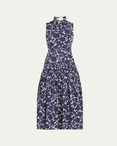 Michael Kors Floral Drop-waist Sleeveless Midi Shirtdress In Maritop W