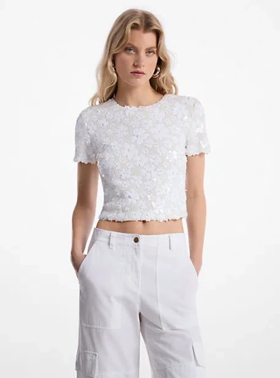 Michael Kors Floral Embellished Scuba Top In White