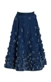 Michael Kors Floral Hand Embroidered Denim Circle Skirt In Navy