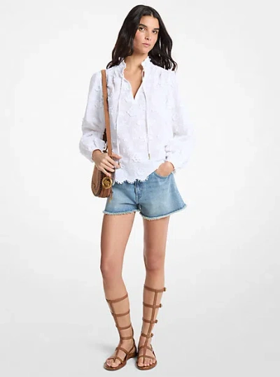 Michael Kors Floral Embroidered Cotton Voile Blouse In White