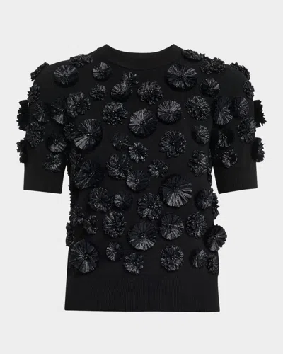 Michael Kors Floral Embroidered Short-sleeve Cashmere Sweater In Black