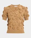 Michael Kors Floral Embroidered Short-sleeve Cashmere Sweater In Peanut